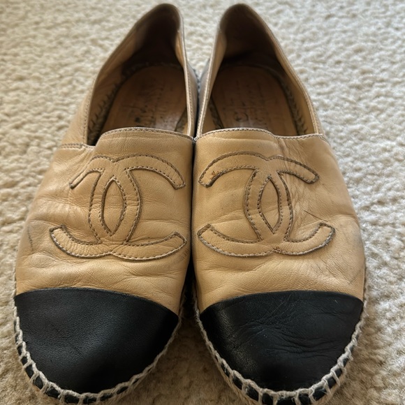 CHANEL Shoes - CHANEL Beige & Black LEATHER Cap Toe ESPADRILLE Slip On DESIGNER SHOES size 41